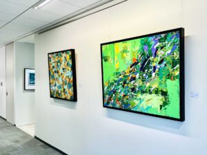 48x36 and 36x36 inch abstract paintings installation